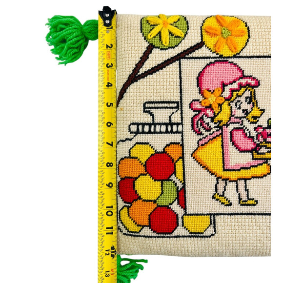 Vintage Needlepoint Throw Pillow Candy Jars Girl Tassels Sweets Kitschy 12" READ - Picture 16 of 16